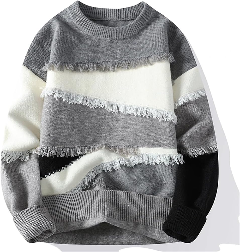 Men’s Colorblock Fringe Pattern Knit Sweater – Premium Winter Warm Pullover