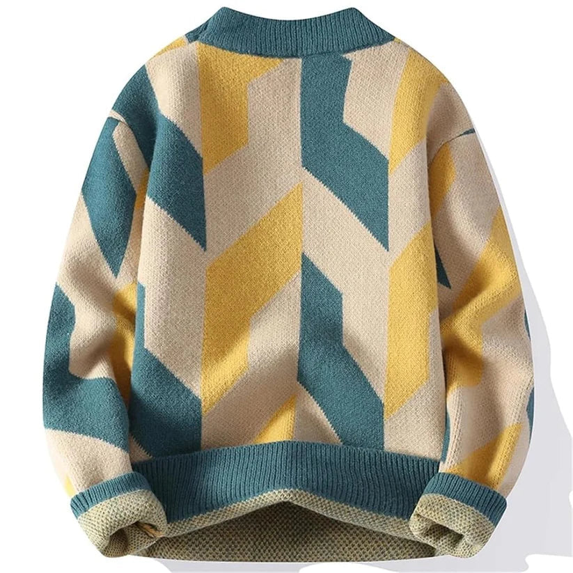 Men’s Geometric Chevron Pattern Knit Sweater – Stylish Winter Casual Wear