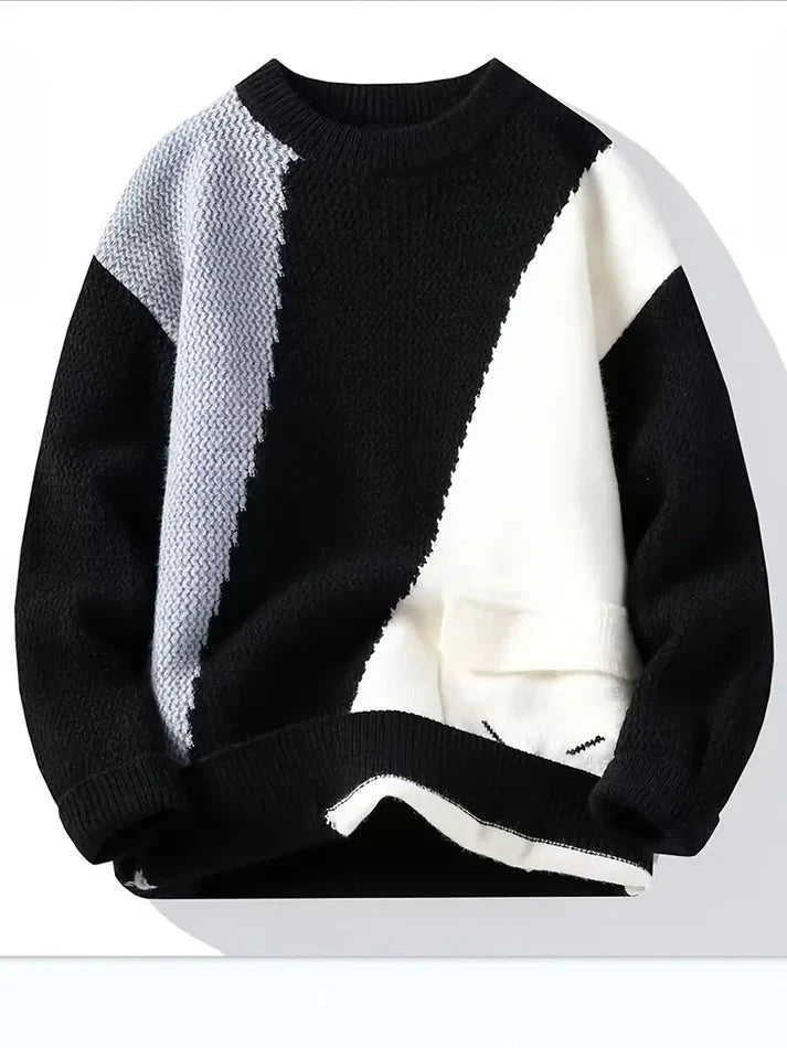 Men’s MonoWave Contrast Panel Sweater – Black, White & Grey Winter Knit