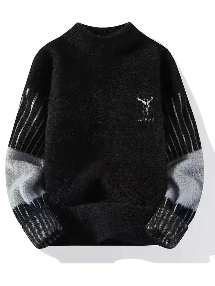 Men’s Premium Furry Winter Sweater – Black with Deer Chest Logo & Gradient Sleeves