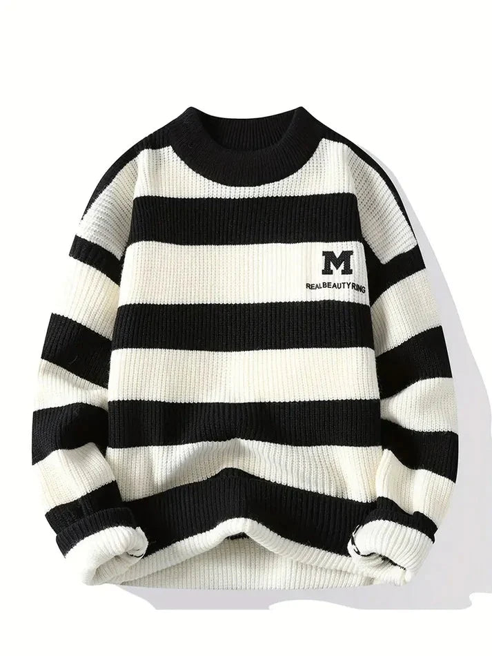 Men’s Black & White Bold Striped Winter Sweater – “M Real Beauty Ring” Chest Logo