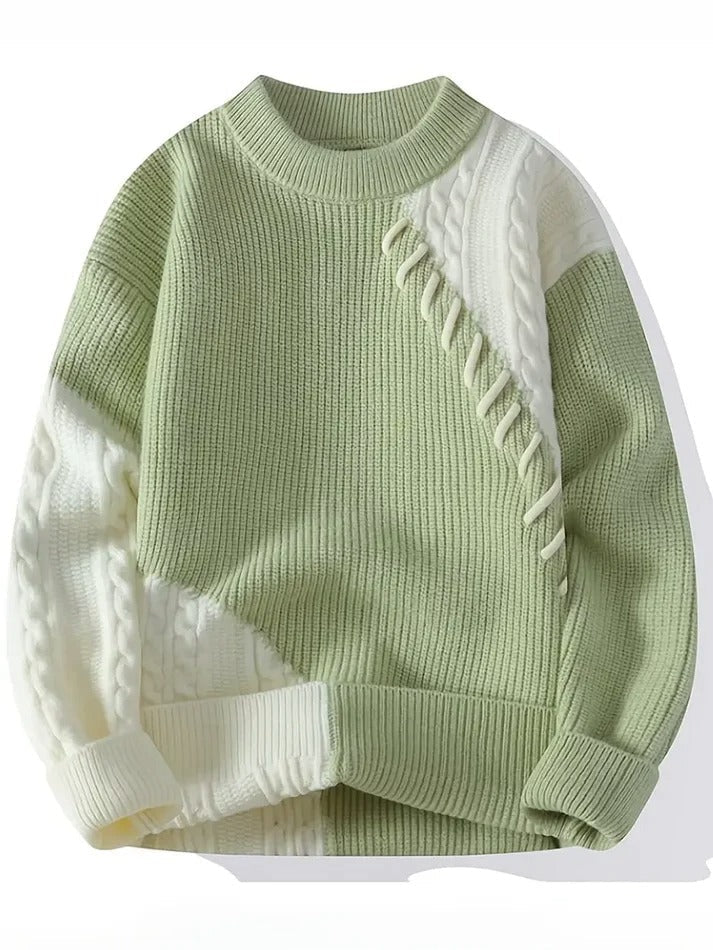 Men’s Light Green & White Winter Patchwork Sweater – Stylish Cable-Knit Design
