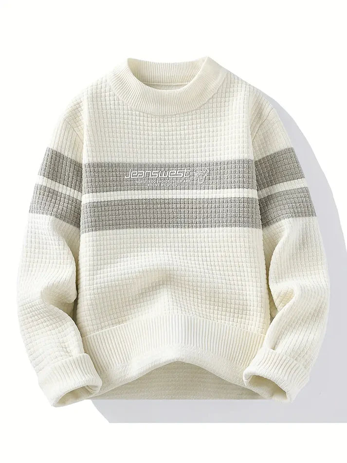Men’s White & Grey Waffle-Knit Winter Sweater – Premium Warm Casual Wear