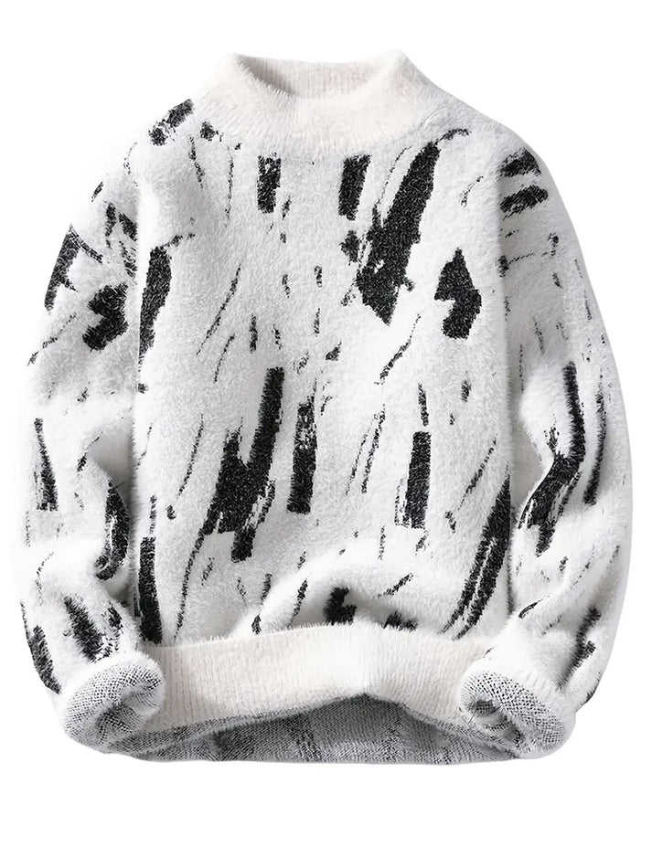 Men’s White Abstract Brush-Pattern Winter Sweater – Soft & Stylish Premium Knit