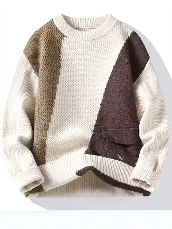 Men’s Cream & Brown Patchwork Knit Sweater – Premium Winter Warm Stylish Wear