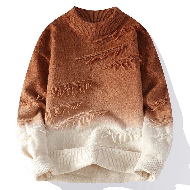 Men’s Brown-to-Cream Ombre Winter Sweater with 3D Textured Thread Design