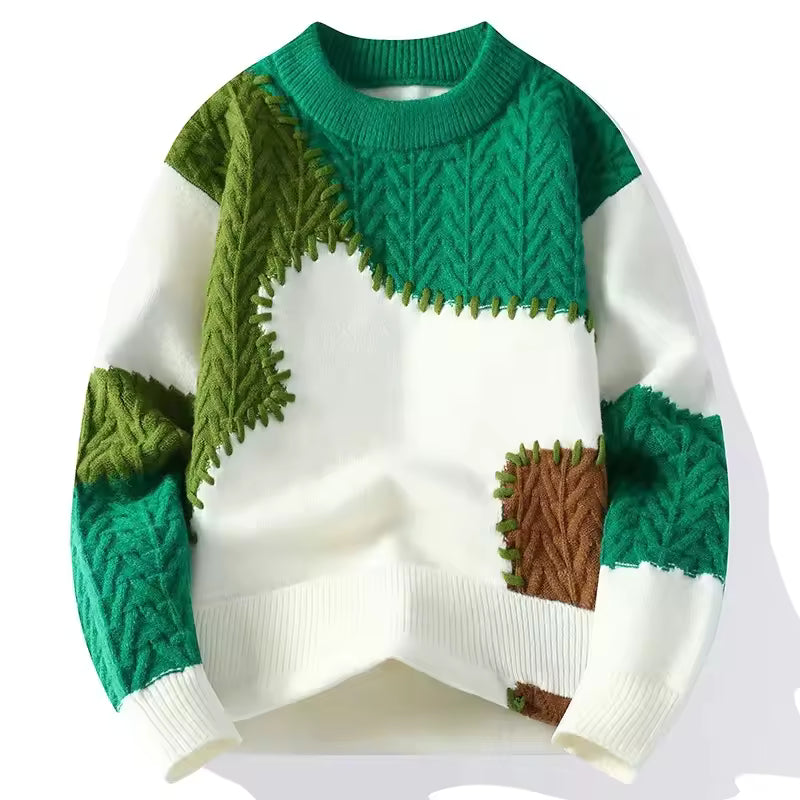 Men’s Green Patchwork Knit Winter Sweater – Premium Textured Design